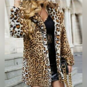 Lanshifei Womens Faux Fur Leopard Print Midi Coat Size Large Mob Wives